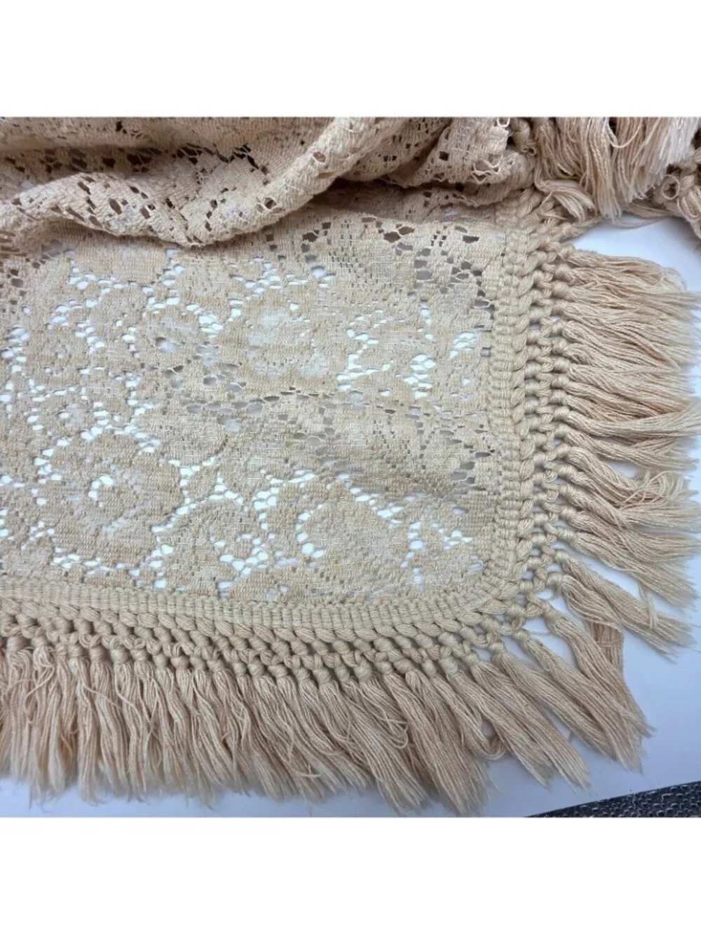 Vintage Crochet Lace Coverlet Fringe Bedspread KING Ecru Beige 112 x 130 Cottage